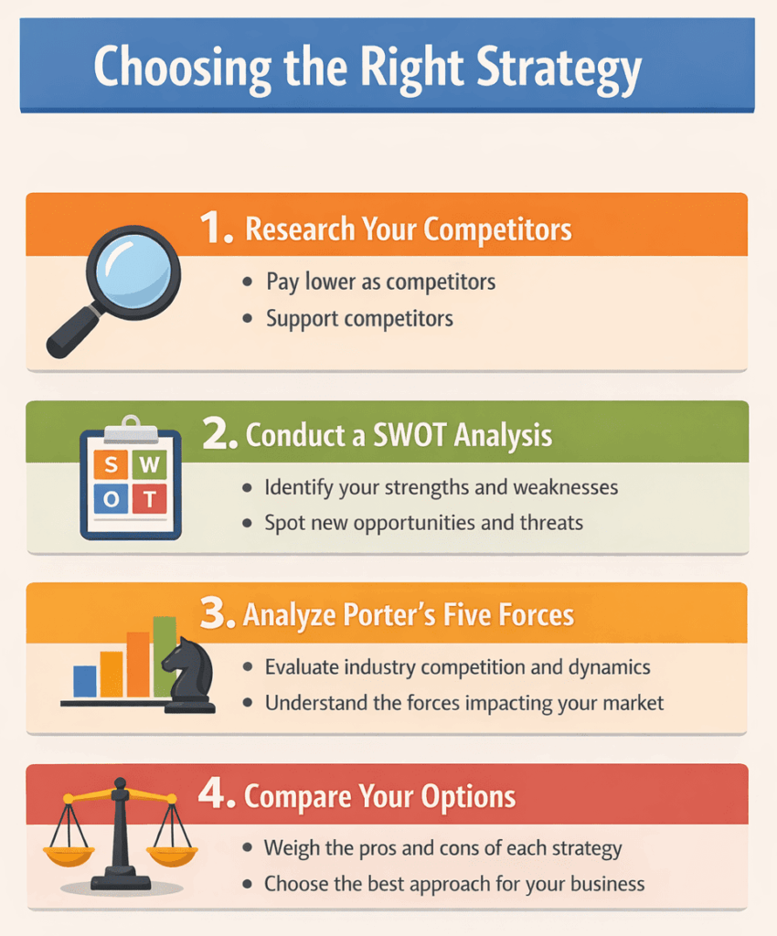 Vertical infographic titled "Choosing the Right Strategy" with four colored sections. Step 1 shows a magnifying glass and reads “Research Your Competitors – pay lower as competitors, support competitors.” Step 2 shows a SWOT clipboard and reads “Conduct a SWOT Analysis.” Step 3 shows charts and a chess knight under “Analyze Porter’s Five Forces.” Step 4 shows a balance scale under “Compare Your Options.”
