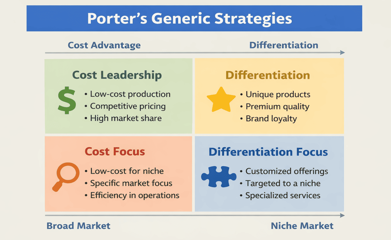 Diagram showing four quadrants. The top left quadrant explains cost leadership with bullet points “low‑cost production,” “competitive pricing,” and “high market share.” The top right quadrant shows differentiation with “unique products,” “premium quality,” and “brand loyalty.” The bottom left quadrant displays cost focus with “low cost for niche,” “specific market focus,” and “efficiency.” The bottom right quadrant illustrates differentiation focus with “customized offerings,” “targeted to a niche,” and “specialized services.” Arrows along the top and bottom mark the spectrum from cost advantage to differentiation and broad to niche markets.