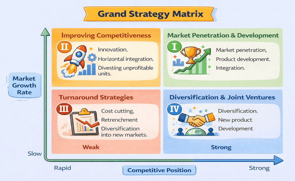 An infographic titled “Grand Strategy Matrix” with a 2×2 grid. The horizontal axis is labelled “Competitive Position” from weak to strong; the vertical axis is labelled “Market Growth Rate” from slow to rapid. Each quadrant lists recommended strategies and uses simple icons.