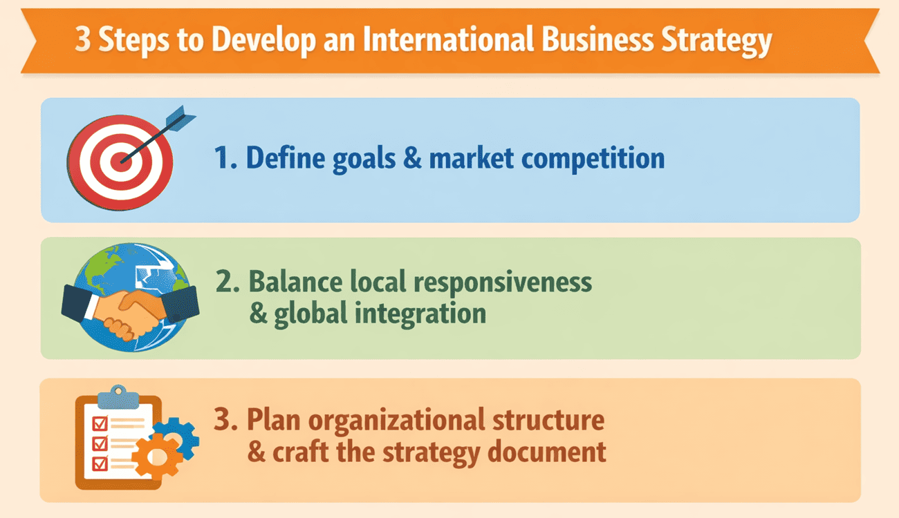 Three panels describe the steps: Define goals & market competition; Balance local responsiveness & global integration; Plan organizational structure & craft the strategy document.