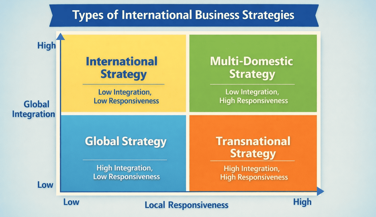 A 2×2 matrix with quadrants for international, multi‑domestic, transnational and global strategies. Horizontal axis shows increasing local responsiveness; vertical axis shows increasing global integration.